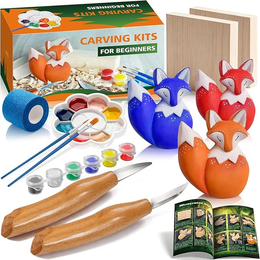 Fox Theme Wood Carving Kit for Beginners, Wood Whittling Kit for Kids and Adults Hobbies, Complete Carving Tool DIY Starter Kit with Step-by-Step Video Tutorials, Whittling Knife, Blocks, Carbon Paper