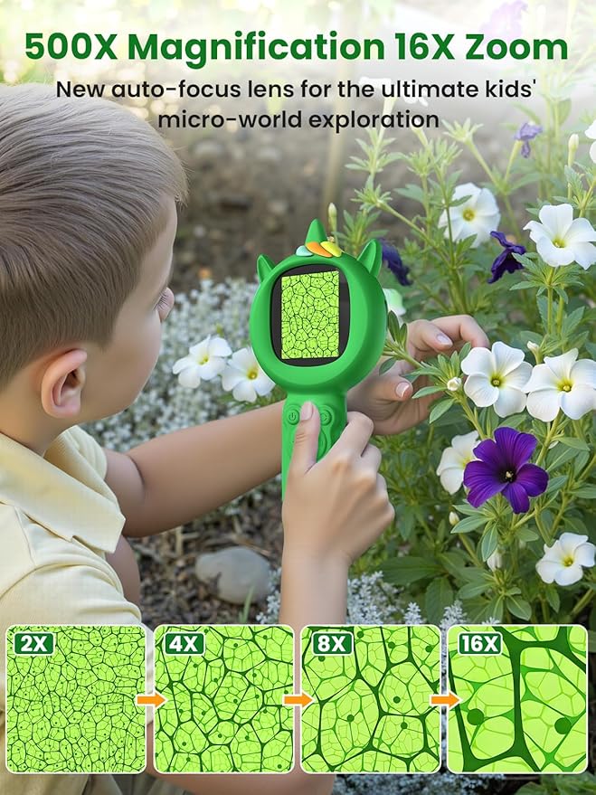 Microscope for Kids, Auto-Focus Handheld Digital Microscopes with 2.0" Screen, 8 LEDs Rechargeable Pocket Mini Microscope Christmas Gifts Educational Science Toys for Ages 5 6 7 8 9 10 11 12