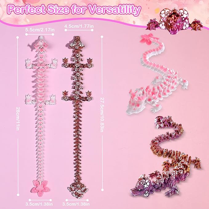 3D Printed Dragon Cherry Blossom and Mushroom Dragons, Articulated Pink Fidget Toys for Autism and ADHD, Perfect Basket Essentials Stuffers and Desk Accessories for Home