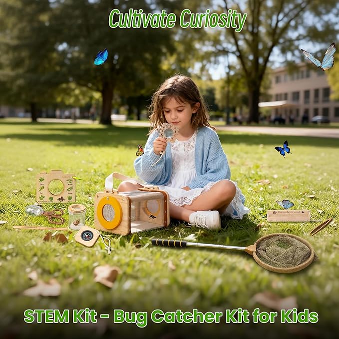 Bug Catcher for Kids, 10PCS Bug Catching Kit with Insect Cage, Butterfly Net, Magnifying Glass, Compass, Tweezers, ID Cards, Outdoor Explorer Kit Toys Bug Catcher Kit for Kids Boys and Girls Ages 3-12