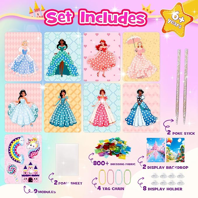 Poke in Fun Magical Princesses Kit, Arts and Crafts for Girls with 8 Magical Princesses, Mess-Free Fun for Kids, DIY Craft Kits, Gifts for Girls & Boys Ages 3-12