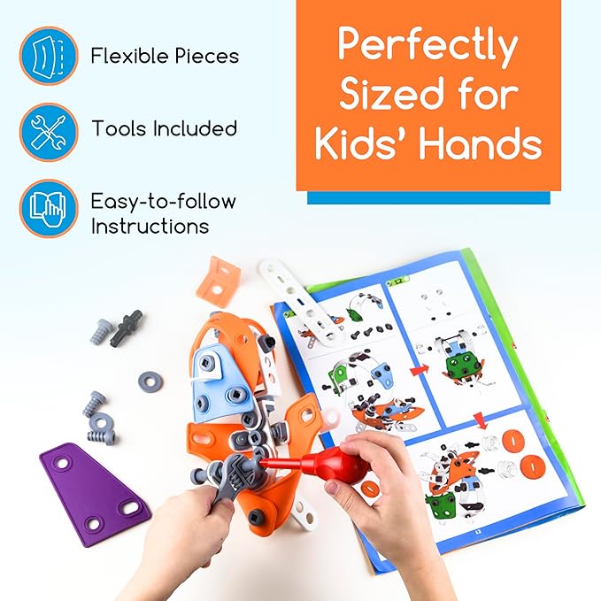 Play Brainy Erector Set Set for Kids, 132pc 3D Vehicle Puzzle Toy - Includes Helicopter, Plane, Tractor, Car, and Motorcycle, A 5-in-1 Stem Building Kit for Boys and Girls Ages 5-12