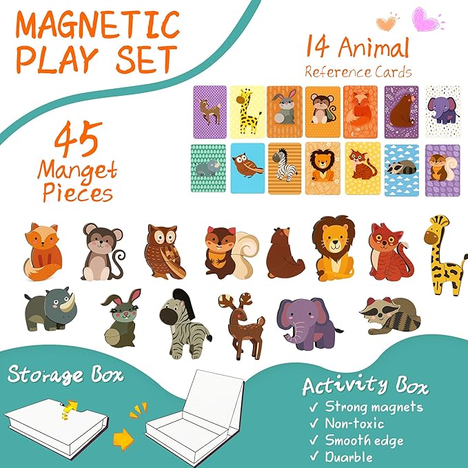 Animal Magnetic Busy Book for Toddlers, Montessori Quiet Travel Toy with 45 Magnets & 14 Activity Cards - Magnet Puzzles Airplane Toys for Kids Ages 3+, Educational Preschool Learning Game