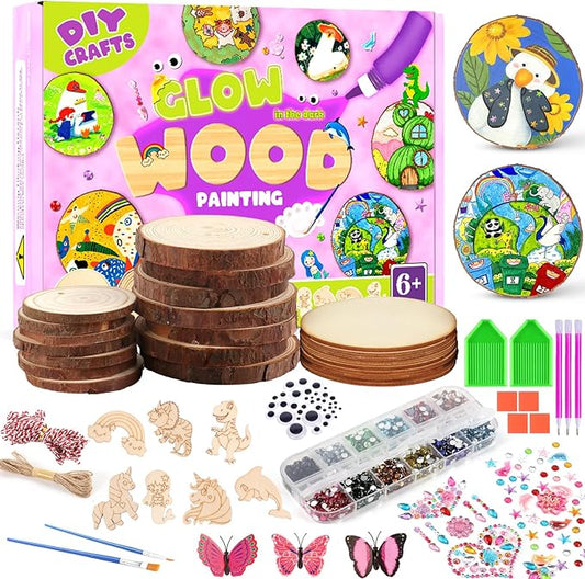 Sulataya Wooden Painting Kit for Kids 6-12, Wood Slices Craft Kit Gift Set with Assorted Gems & Diamond Painting Tools, Creative Art Activity Supplies for Boys Girls