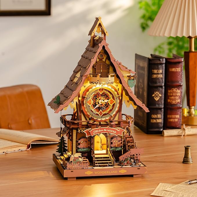 ROBOTIME 3D Wooden Puzzles for Adults-Cuckoo Clock Wooden Models for Adults to Build-435 Piece Model Kit with 2 Lights-Gift for Craft Enthusiast Model Building Set (Colourful)