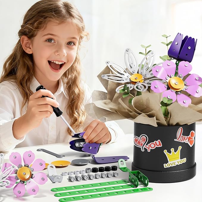 Metal Flower Bouquet Kit, Flowers Garden Building Set Toys for Kids Ages 8-12, STEM Project Building Toy with Storage Box, Birthday for Girls 8 9 10 11 Years Old