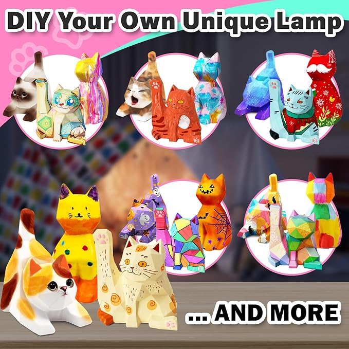 FUNZBO 3pcs Paint Your Own Cat Lamp Kit - Arts and Crafts Supplies Kitten Painting Kits for Kid Teen, DIY Night Light Toy for Toddlers Girl Boy Age 3 4 5 6 7 8 9 10 11 12 13 Christmas Birthday Gifts