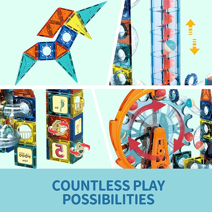 Motorized Marble Run Set, 107-Piece Magnetic Tile Building Toy with Ferris Wheel & Elevator, Marble Runs for Kids 4-8, Marble Maze Game Building Toy, Perfect STEM Educational Gift for Kids Ages 4-12