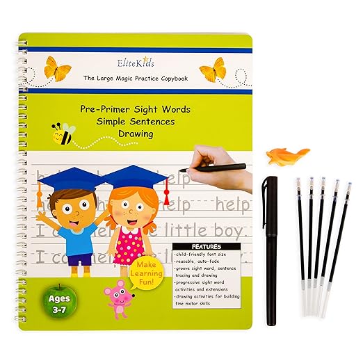Teacher Designed Reusable Kindergarten Sight Words-EliteKids Large Magic Practice Copybook For Kids- Handwriting practice Letter Tracing Books for Kids Ages 3-5, Magical handwriting workbooks