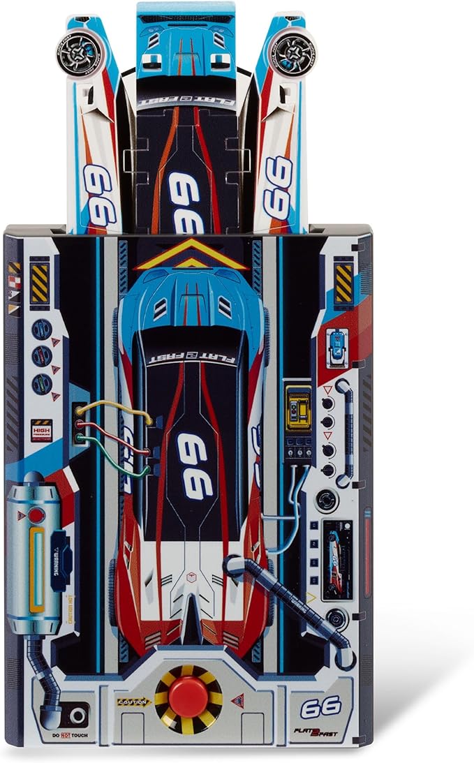FLAT 2 FAST Original Stunt Card Racer – Flat Car Racer and Pocket Size Racecar Launcher with Built-in Button for Stunt Launching and Racing – Compact – Sky Blue