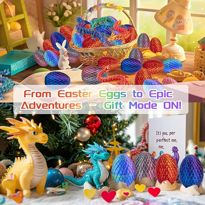 3D Printed Dragon Eggs with Dragon, 4 PCS 3D Printing Toys for Adults, Fantasy Tabletop Decor, Unique Office Desktop Decoration & Collectible Stocking Stuffers