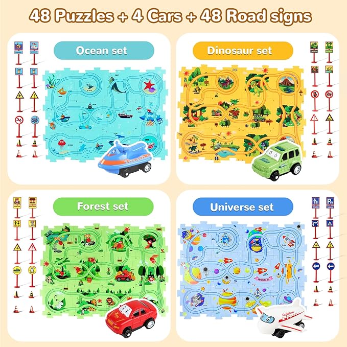 Puzzle Racer Kids Car Track Set, Kids Toys Boys 3-5, Toys for 3 4 5 6 Year Old Boys, Toys for Ages 3-4, Montessori Toys for 3+ Year Old, Fat Brain Toys(100Pcs, 4 Themes)