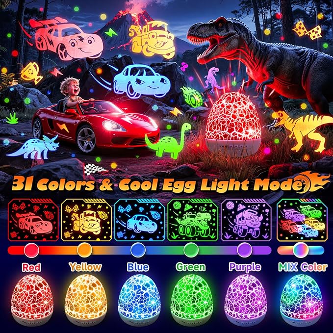 PIKOY Toy Cars Toys | 6HD Films+15 Sounds+31 Colors+Remote Control+360°Rotating | Cars for Toddlers 1-3 Toy Cars for Boys Age 4-7 Dinosaur Egg Light for Nursery Toddler Boy Birthday Gifts 1-8 Years