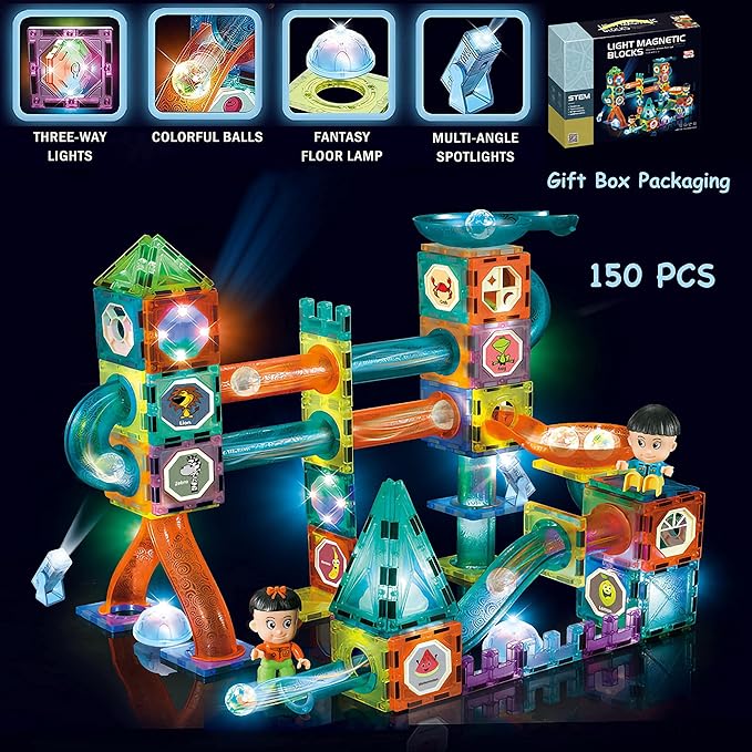 Glowing Magnetic Tiles Marble Run Race Track Super Set - 150 Complete Pieces Glow in The Dark STEM Magnetic Building Blocks Gravity Marble Maze Games for Toddlers Kids Boys Girls Ages 3+ Years