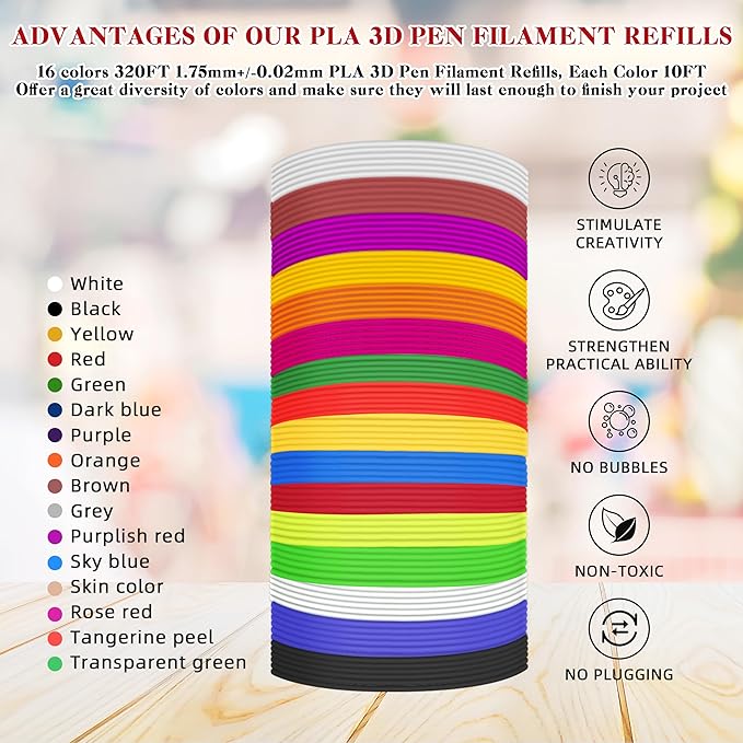 3D Pen Filament Refills 16 Colors 320ft Each Color 20 feet 1.75mm PLA 3D Pen Filament Christmas Gifts (16 Colors)