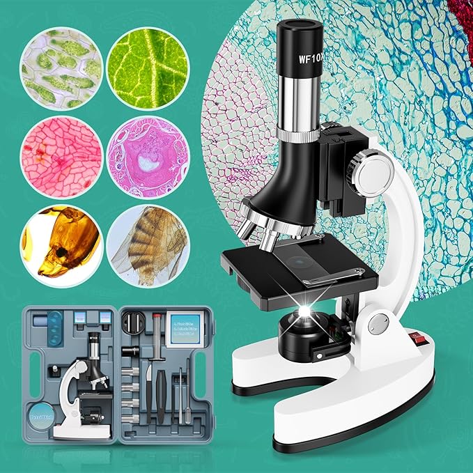 USCAMEL Kids Microscope Science Kit - 1200X Microscope for Kids 8-12 with Prepared Slides Metal Body LED Light Carrying Box Educational Compound Toy Set for Children Ages 5 Year Old Boys & Girls Gift