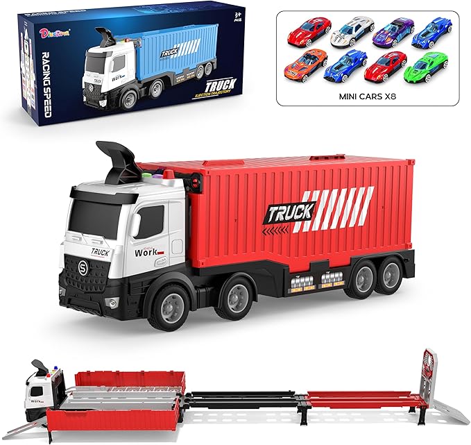 Carrier Truck Race Track Kids Toys, Foldable 3 Layer Toddler Track Playset, Toy Truck Transport Car Carrier & 8 Race Cars, Truck Car Toddlers Toys Xmas Gifts for Age 3 4 5 6+ Years Old Boys Girls