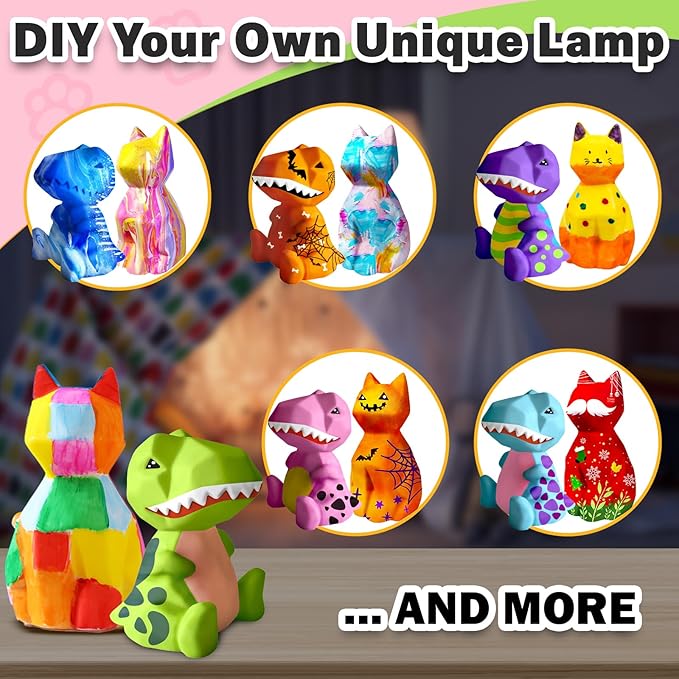 FUNZBO 2Pcs Paint Your Own Dinosaur & Cat Lamp - Arts and Crafts Supplies Painting Kits for Kids Teens, DIY Night Light Toy for Toddler Girls Boys Ages 3 4 5 6 7 8 9 10 11 12 Christmas Birthday Gifts