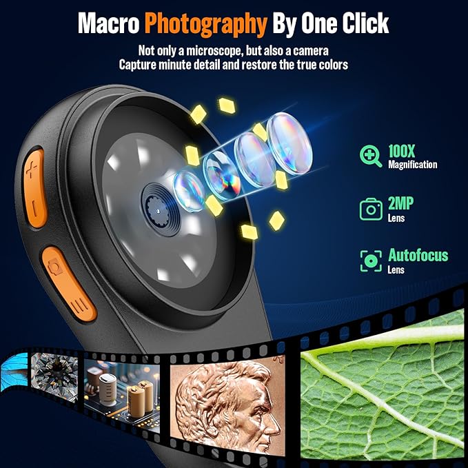 Microscope Magnifying Glass for Kids and Adults: Portable Handheld Digital Microscope with Light - 100X Pocket Jewelers Loupe with 2" Screen - USB Mini Coin Collectors Magnifier for Windows Mac OS