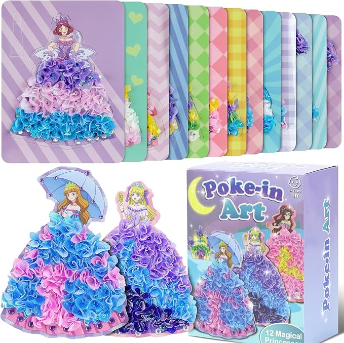STAOVA 12 Pcs Poke in Art Kits for Girls, DIY Pretty Princess Game with Magical Princesses & 9 Pcs Accessories, Crafts for Kids Ages 4-8, 8-12 (Purple)