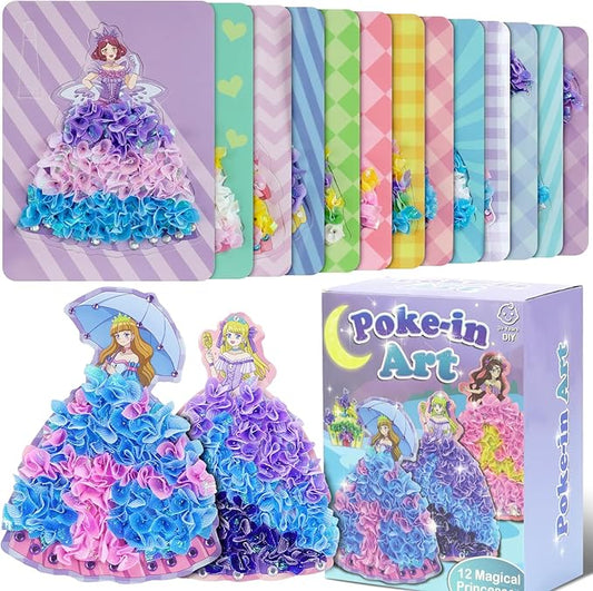 STAOVA 12 Pcs Poke in Art Kits for Girls, DIY Pretty Princess Game with Magical Princesses & 9 Pcs Accessories, Crafts for Kids Ages 4-8, 8-12 (Purple)