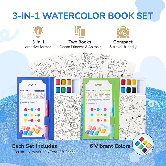 JoyCat 2 Pack Pocket Paint with Water Coloring Books for Kids, Art & Craft Activity Toy Set, Creative Travel & Home Painting Kit, Gifts for Girls & Boys Ages 3-8 (Ocean Princess & Animals)