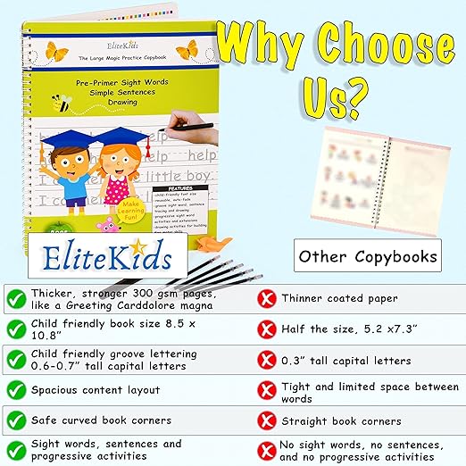 Teacher Designed Reusable Kindergarten Sight Words-EliteKids Large Magic Practice Copybook For Kids- Handwriting practice Letter Tracing Books for Kids Ages 3-5, Magical handwriting workbooks