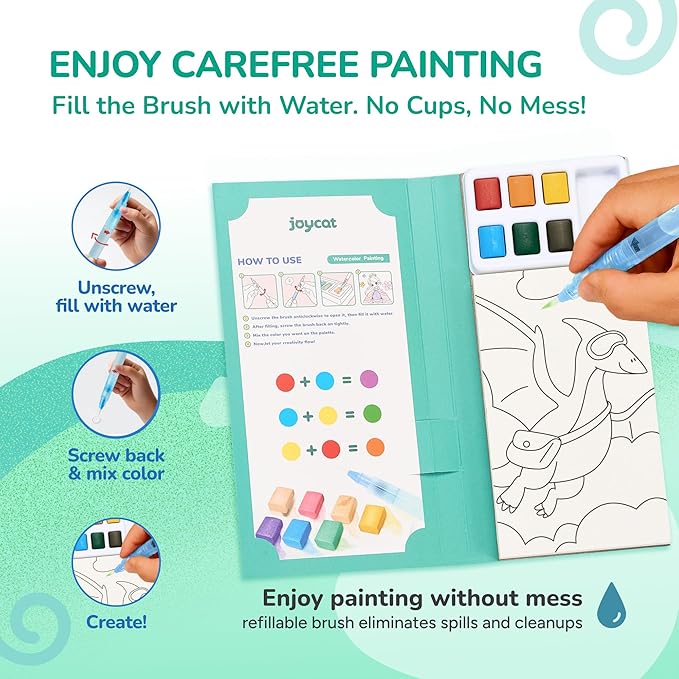 JoyCat 2 Pack Pocket Paint with Water Coloring Books for Kids, Art & Craft Activity Toy Set, Creative Travel & Home Painting Kit, Gifts for Girls & Boys Ages 3-8 (Ocean Princess & Dinosaurs)