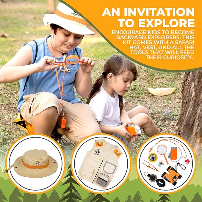 Kids Explorer Kit with Safari Vest & Hat for 3-7 Year Old Boys & Girls - Safari Costume & Dress Up as Zoo Keeper, Paleontologist - Giftable Outdoor Adventure Kit for Kids + Adventure Book