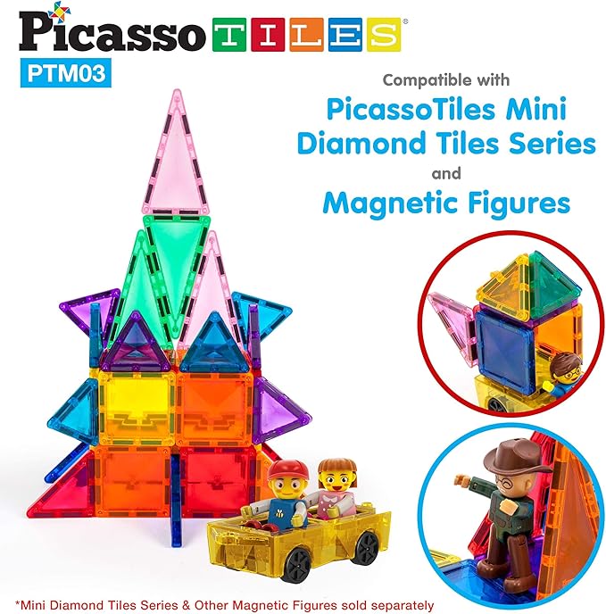 PicassoTiles Mini Magnetic Tiles Expansion Car Truck and Figures Play Set, Kids Building Magnet Bricks STEM & Learning Toys, Magnetic Add-ons, Car Toys, Toddler Preschool 3 years and up boys and girls