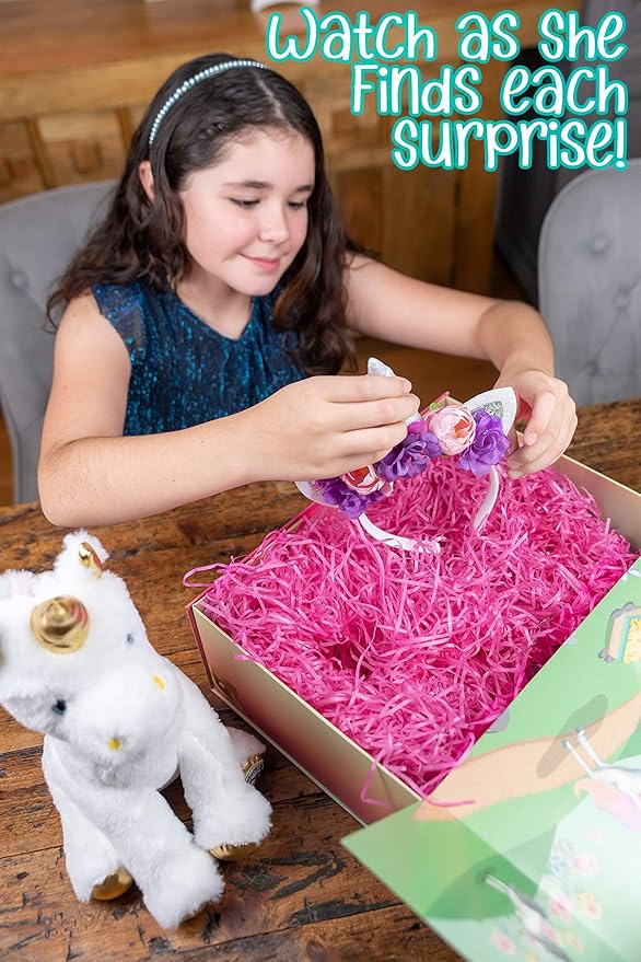The Memory Building Company Kids Unicorn Princess Surprise Box for Girls & Boys, Includes Plush Toy, Coloring Book + Markers, Jewelry, Horn Headband, Birthday Activity Set for Ages 6 & Up