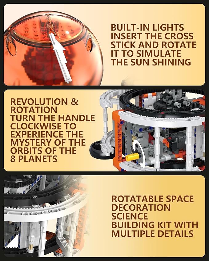 Solar System Building Set for Kids, STEM Toys with Rotatable Handle and Mechanical Gears, Space Toys for Home/School Science Learning, Birthday Gifts for Boys Girls Ages 6-12(1282pcs)