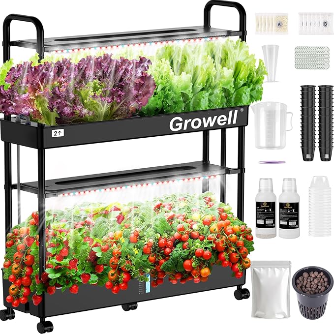 Large Hydroponics Growing System Kit, 32 Pods Vertical Hydroponic Garden, with 32 Large Buckets, 32L Indoor Garden System for Herb Vegetable Fruit, with 2 Light Modes, Auto Circulating Water System