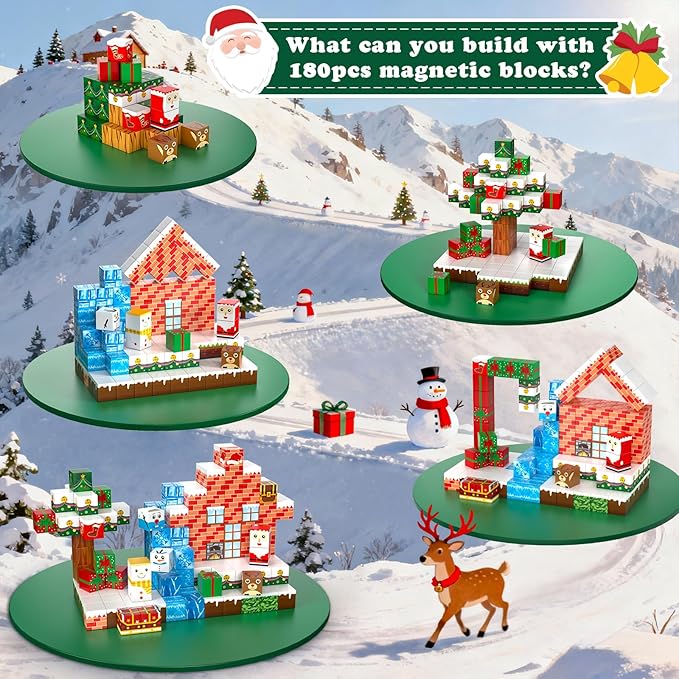GEVINST 180PCS Magnetic Blocks, Christmas Magnetic Building Blocks Set for Kids Ages 4-8 8-12, STEM Sensory Magnet Cube Tiles for Boys Girls Toddlers 3+, Stocking Stuffers Christmas Toys Gifts