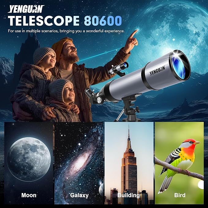 Telescope for Adults & Kids 80mm Aperture 600mm, Telescope for Adults High Powered, Beginners in Astronomy to See Planet, with Phone Adapter and Moon Filter, Carry Bag, Gray