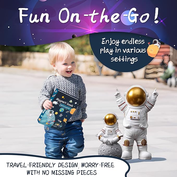 Space Magnetic Travel Game Montessori STEM Quiet Toys for Toddlers 3-5 with 38 Magnets & 16 Activity Cards - Educational Astronaut Magnetic Puzzles Airplane Toy for Kids Ages 3+