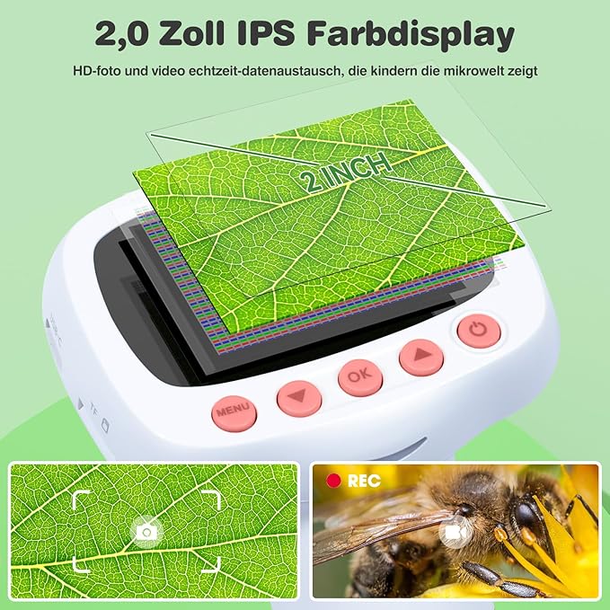 Pocket Kids Microscope for Over 3 Years Old, 1000X Handheld Microscope for Kids w/2''IPS Digital, Photo Video Mini Portable Microscopes, Science Edu Digiscope, for Kid