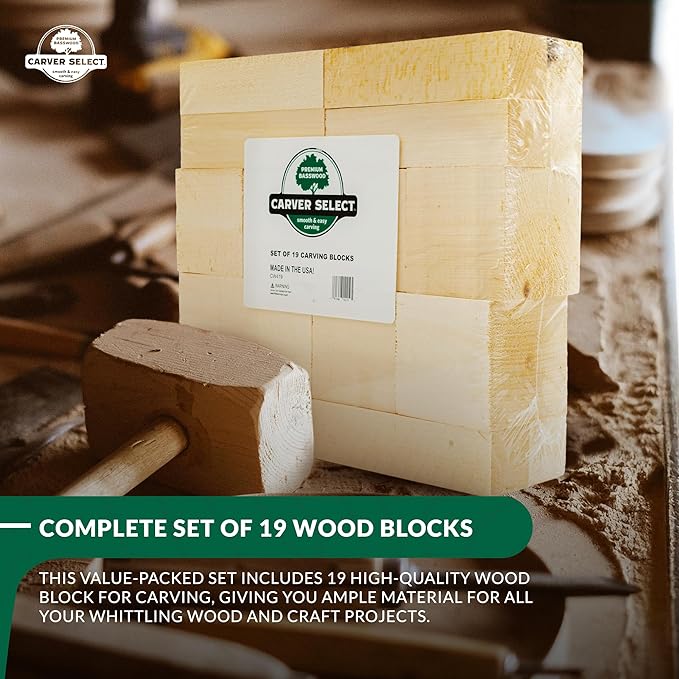 Basswood Carving Blocks Set of 19 – Wood Carving Kit with Premium Bass Blocks – for Crafts & Whittling – Ideal for Beginners & Professionals