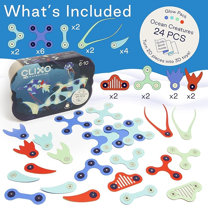 Clixo Ocean Creatures Pack - Glow-in-The-Dark Magnetic Building Toy - 24 Flexible Magnet Pieces for Underwater Adventure. Imaginative STEM Toy. Screen Free Kids Gift & Travel. Ages 6+ [New]