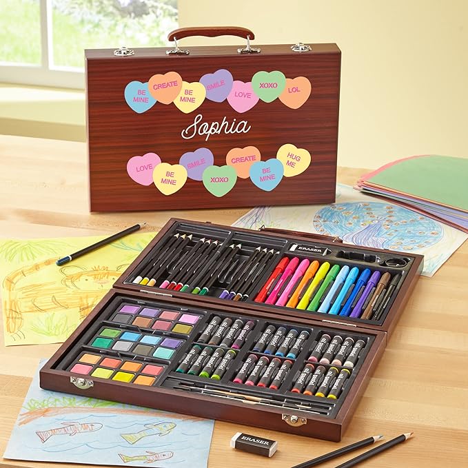 Let's Make Memories Personalized 80-Piece Deluxe Art Set - for Kids - Wood Carrying Case - Oil Crayons, Colored Pencils, Watercolors - Arts & Crafts - Add Their Name - Colorful Hearts