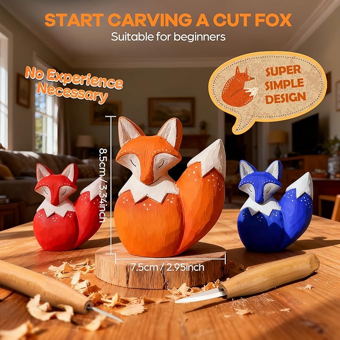 Fox Theme Wood Carving Kit for Beginners, Wood Whittling Kit for Kids and Adults Hobbies, Complete Carving Tool DIY Starter Kit with Step-by-Step Video Tutorials, Whittling Knife, Blocks, Carbon Paper