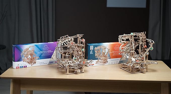 UGEARS 2 in 1 3D Puzzle Marble Run Chain Hoist Plus Stepped Hoist - DIY Marble Run Wooden Puzzle for Adults and Kids