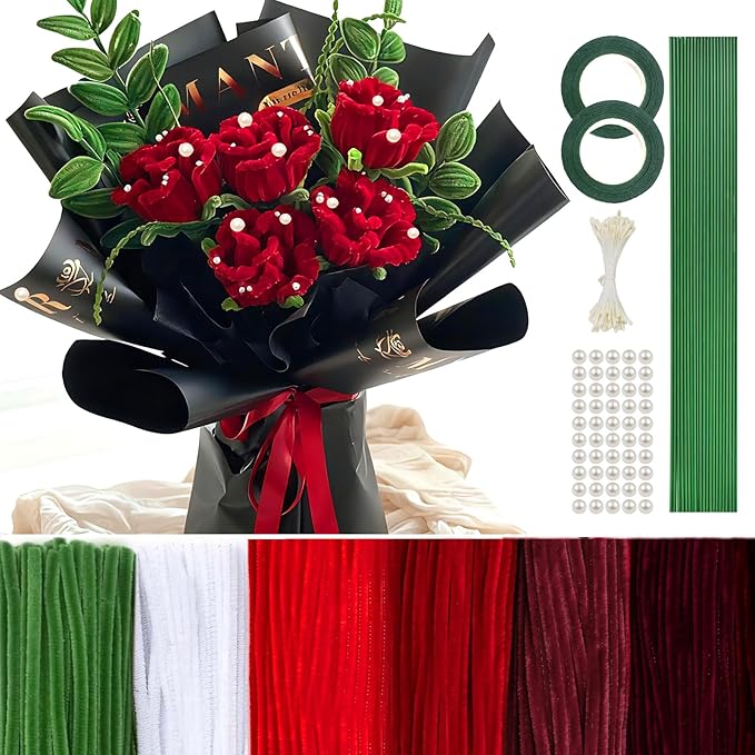 500 Pcs Pipe Cleaners Craft for Flowers, Pastel Chenille Stems for DIY Art Projects Creative Gift(6 Colors), Pipe Cleaner Flower Kit with Floral Stems, Gardening Tape,Stamen& Pearls (Rose Flower)