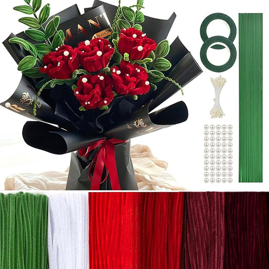 500 Pcs Pipe Cleaners Craft for Flowers, Pastel Chenille Stems for DIY Art Projects Creative Gift(6 Colors), Pipe Cleaner Flower Kit with Floral Stems, Gardening Tape,Stamen& Pearls (Rose Flower)