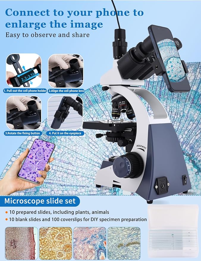 Microscope for Adults 40X-5000X Magnification Lab Grade with Dual Mechanical Stages and HD USB Camera Trinocular Microscope