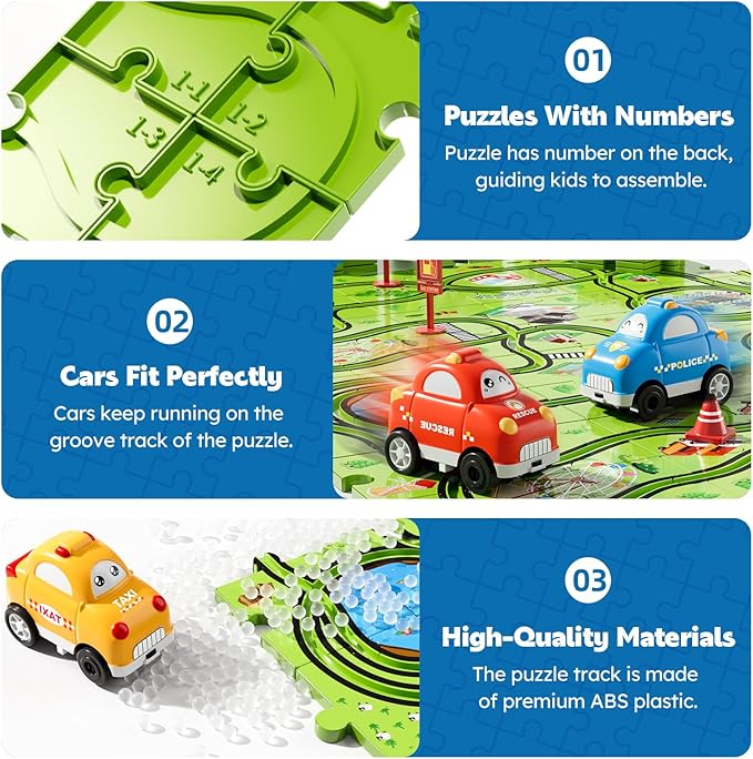 64 PCS Puzzle Track Car Set Toys for Kids Boys, Toddler Toys Gifts for 3 4 5 Year Old, Floor Puzzle Tracks Car for Boys Ages 3-5 4-6, for 3 4 5 6 Year Old