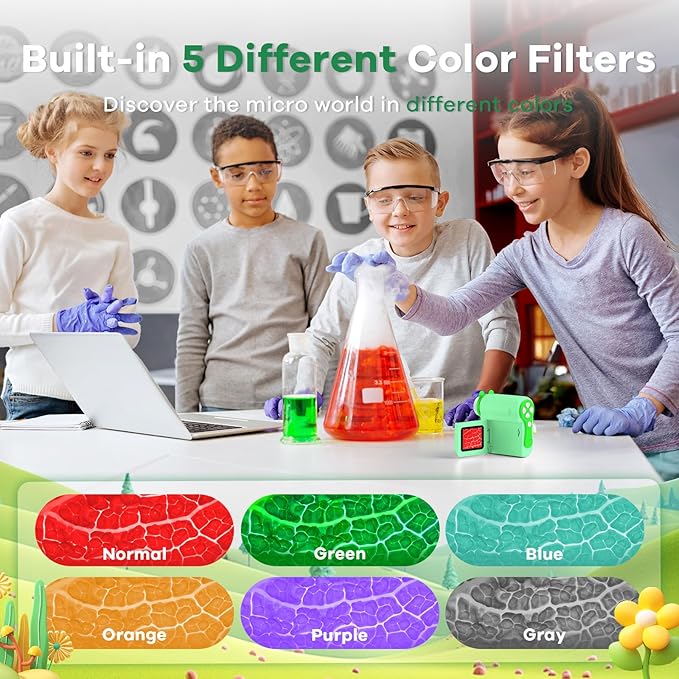 HP60 IPS Microscope for Kids: [Auto On & Off] [3-in-1] 2" Portable Handheld Microscope Miniscope, Pocket Mini Scope Educational Science Kit, Christmas Birthday Gifts for Kids, PC View, Green