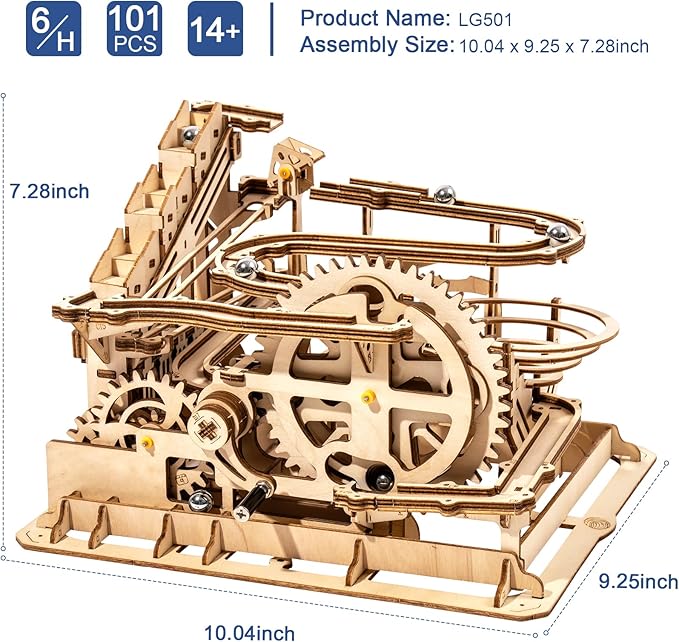 Rowood 3D Puzzles for Adults, Wooden Marblr Run Model Kit, DIY Building Kits for Adults to Build, Craft Gift for Age 14+, Waterwheel Coaster