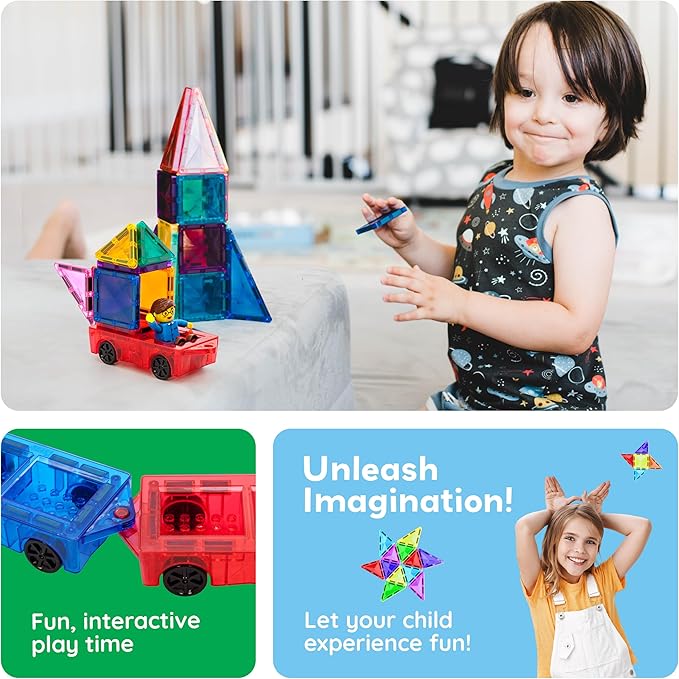 PicassoTiles 2 Piece Car Mini Truck Construction Kit Toy Set Vehicle for Magnetic Blocks Building Tile Sensory Magnet Toys Bricks STEM & Learning Educational School Puzzle Girls Boys Toddlers Ages 3+