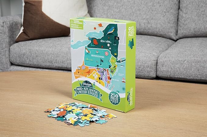 Geotoys Mid-Atlantic Region Jigsaw Puzzle - 250 Piece Puzzles for 8 Year Olds - Jigsaw Puzzles for Kids Ages 8-12 Years Old - Kids Puzzle Games with Colorful Landmarks